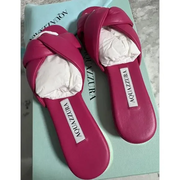 New Aquazzura Olie Pink Soft Leather Raffia Flat Slide on Sandals Size 35 - Picture 4 of 12